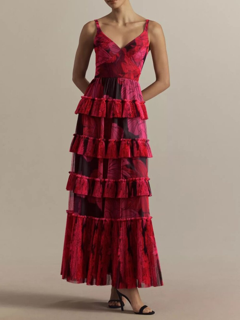 Hutch Freya Sleeveless Tiered Tulle Maxi Dress Pink Red, M
